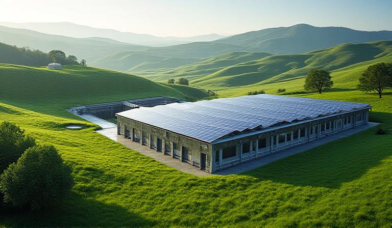 Modern sustainable mining facility under a clear sky