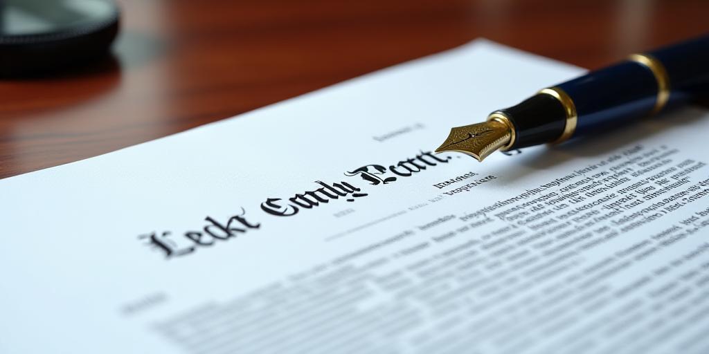 Close up of a legal document and a fountain pen on a mahogany desk