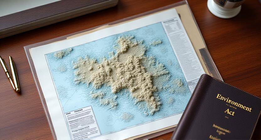 Close up of legal documents and a mining site map under a magnifying glass